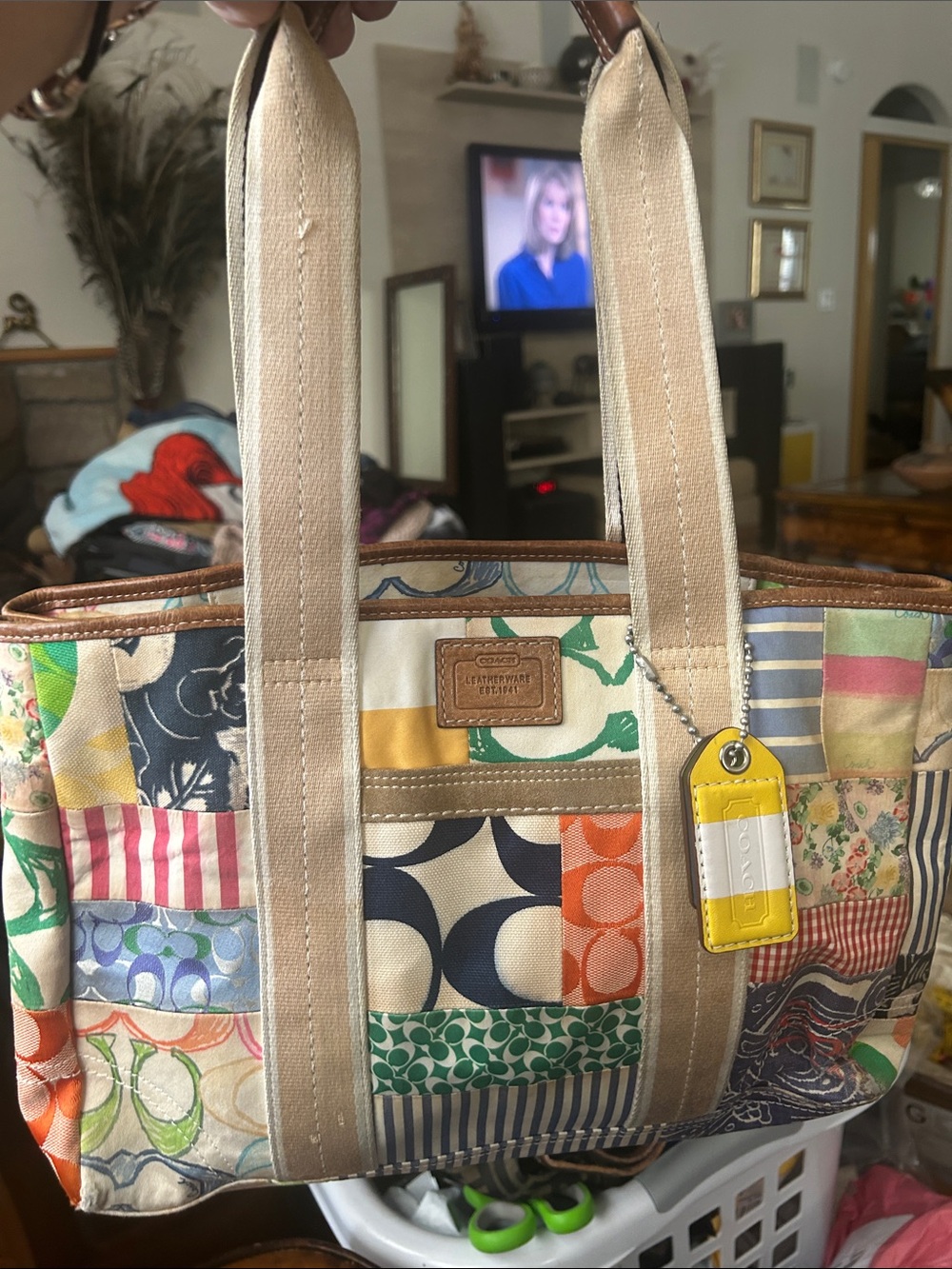 Coach Multicolor Patchwork Canvas Tote with Beige Straps and Yellow Tag
